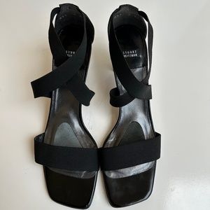 Stuart Weitzman Travelex Black Elastic Leather Sole Sandals Size 8 AA